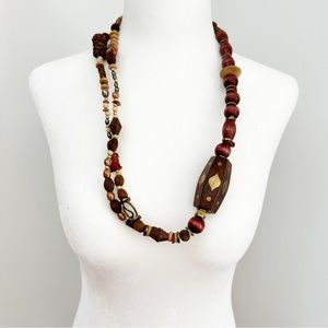 Split Two Strand Wood and Brass Bead Vintage Necklace